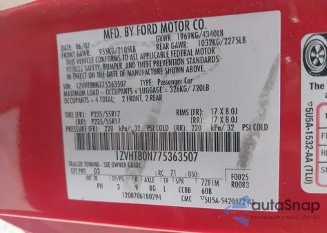 2007 Ford Mustang V6 Deluxe/V6 Premium из США, поврежденный, VIN 1ZVHT80N775363507